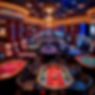 An overview of a bustling casino floor with dice games in action