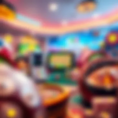 A vibrant illustration depicting various online casino games
